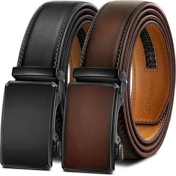 Mens Leather Ratchet Belts Set of 2 Adjustable Slide Buckle Cut to Fit - Picture 8 of 8